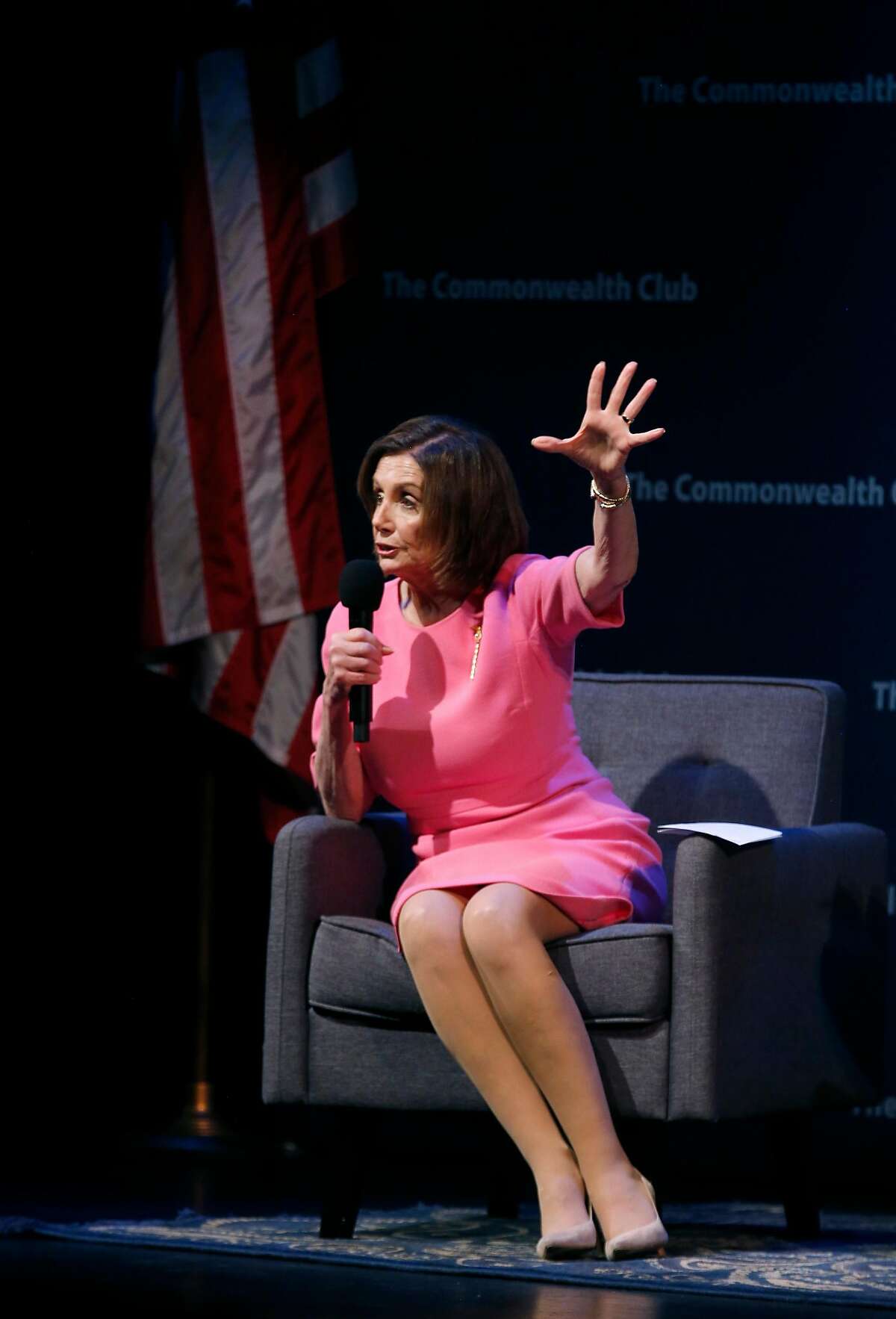 Speaker of the House Nancy Pelosi has a conversation with Dr. Gloria Duffy, president and CEO of the Commonwealth Club, at the Marines' Memorial Theatre in San Francisco, Calif. on Wednesday, May 29, 2019.