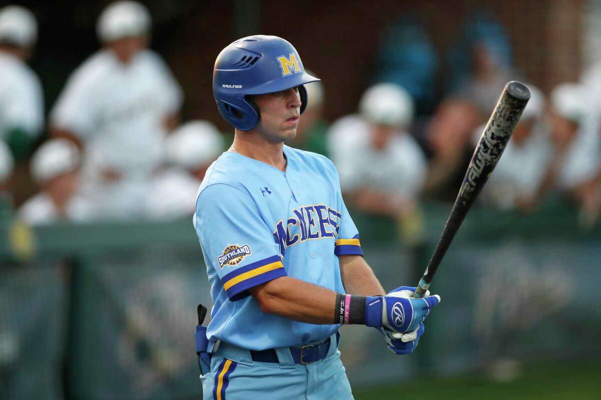 McNeese utility Nate Fisbeck (10) at bat during an NCAA college baseball game against Southeastern Louisiana, Wednesday, May 1, 2019, in Hammond, La. (AP Photo/Tyler Kaufman)