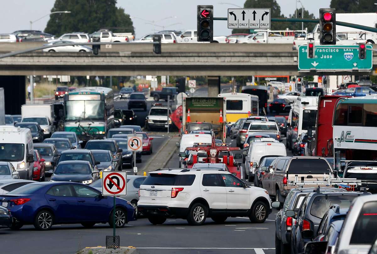 Traffic leading to freeway on-ramps and the MacArthur Maze is at a standstill at Powell Street and Christie Avenue in Emeryville, Calif. on Wednesday, May 29, 2019 following a fatal accident on the Bay Bridge which forced the closure of three lanes during the morning commute.