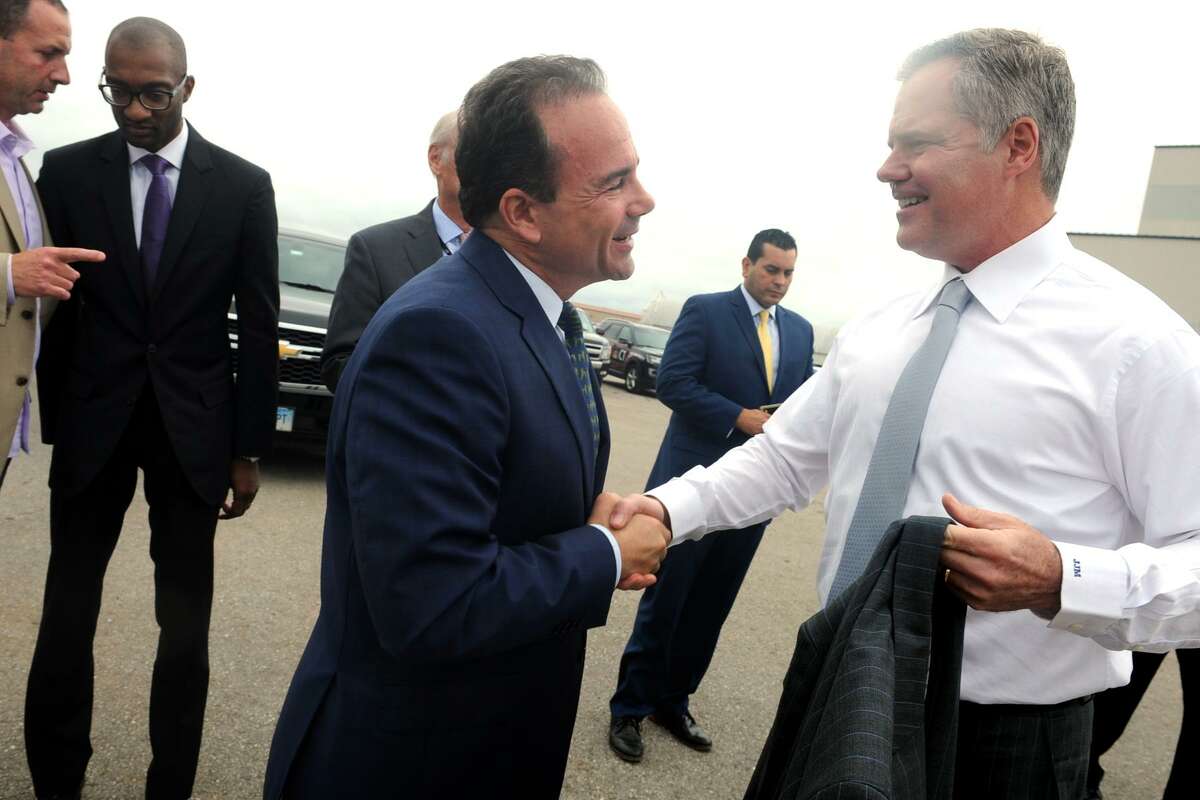 Mayor Joe Ganim greets Jim Murren, Chairman and Chief Executive Officer of MGM Resorts prior to the announcement of MGM Bridgeport, a new waterfront casino and entertainment complex to be built in Bridgeport in September 2017.