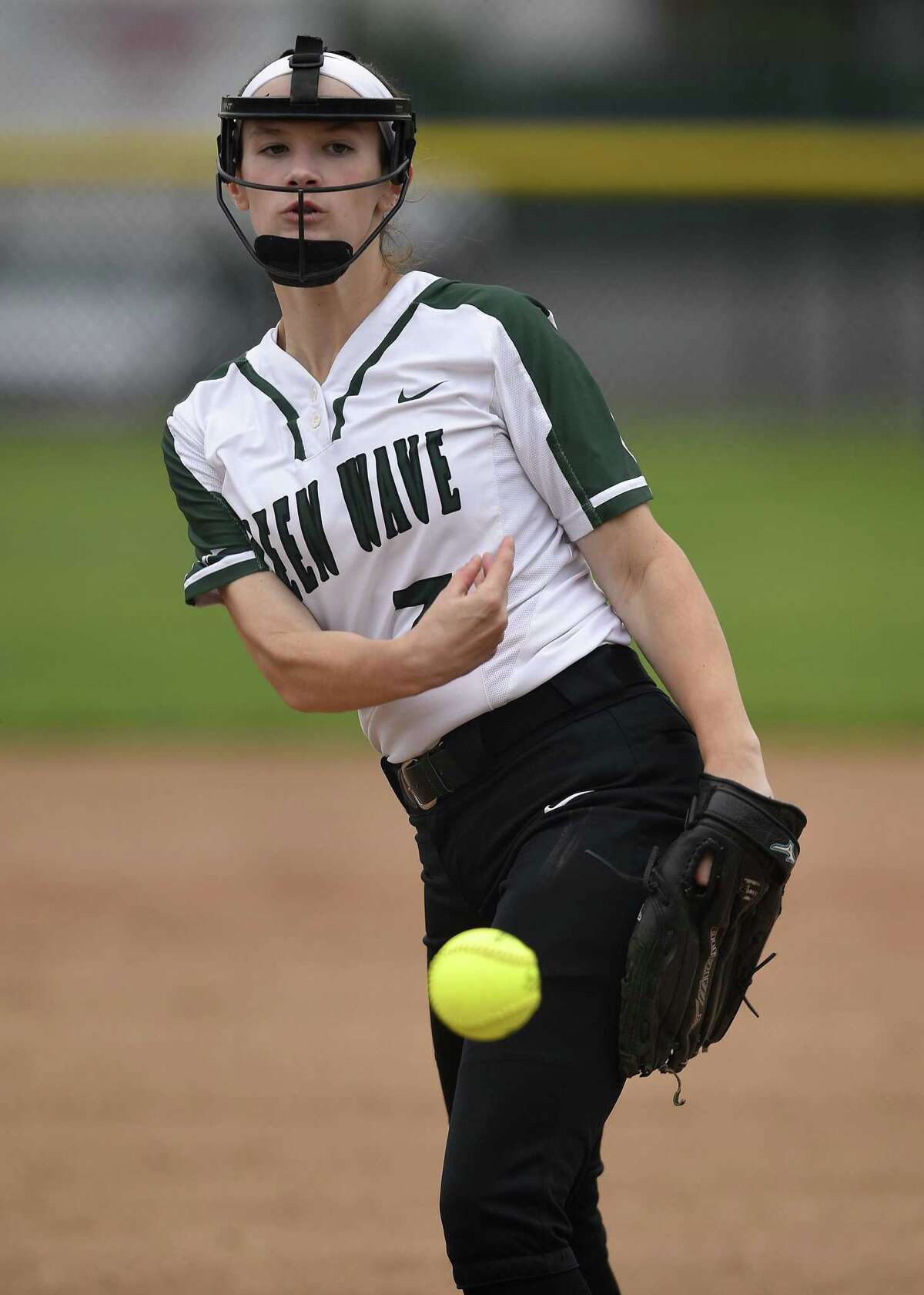New Milford pitcher Emma Deakin throws against Stamford in the first inning of a CIAC Class LL softball tournament at Stamford High School on May 29, 2019 in Stamford, Connecticut. Stamford defeated New Milford 10-0.