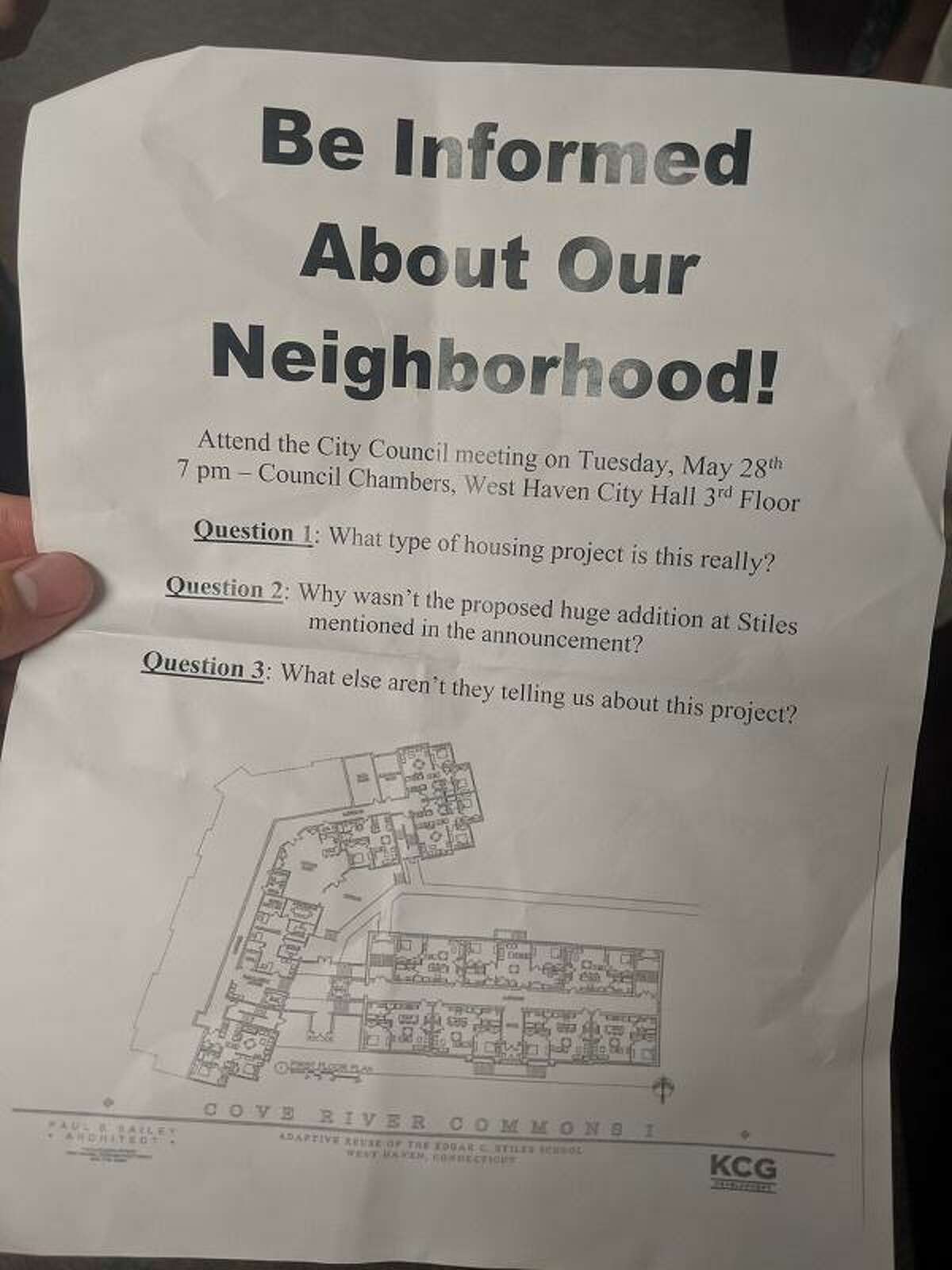 Flyers such as this one distributed to homes in the neighborhood around the former Stiles School have aroused suspicion about a deal between the city and a developer to re-purpose the building.