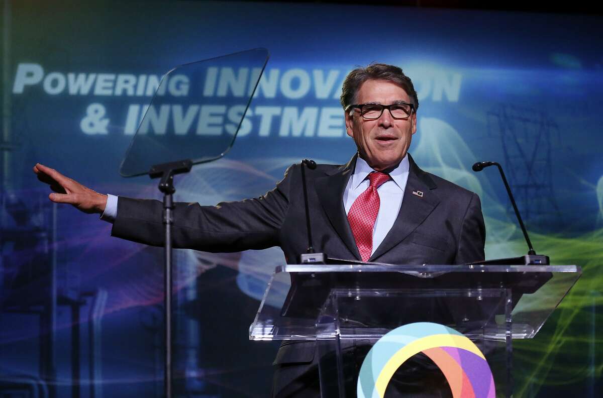U.S. Energy Secretary Rick Perry speaks at an energy summit hosted by Utah Gov. Gary Herbert and attended by Wyoming Gov. Mark Gordon Thursday, May 30, 2019, in Salt Lake City. (AP Photo/Rick Bowmer)