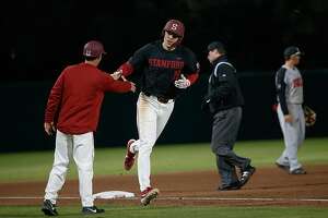 Stanford's Will Matthiessen is a dual threat as a starting pitcher and the designated hitter, shown after hitting one of his 10 home runs.