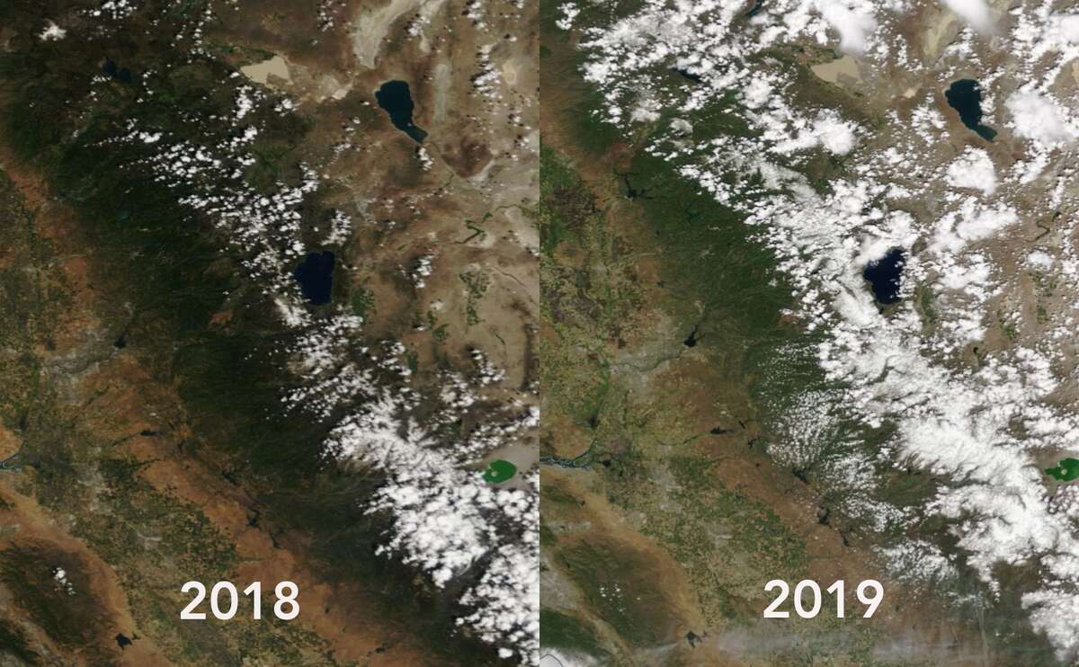 NASA satellite imagery shows the difference between the Sierra snowpack in 2018 when snow levels were below average and in 2019 when they were above average. In the left image from May 29, 2018, the snowpack was at 6 percent of average and in the right image from May 29, 2019, the snowpack was 202 percent of normal.