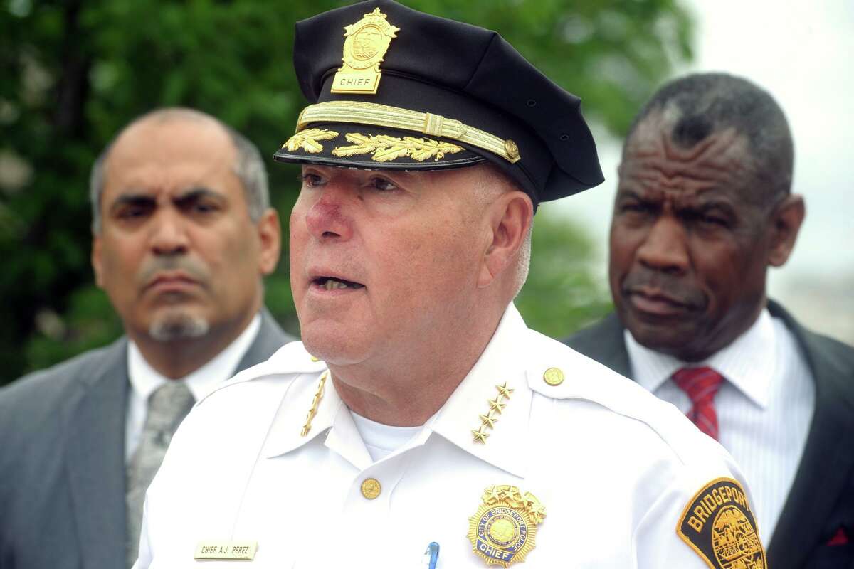 Chief Armando Perez speaks at a press conference in front on Bridgeport Police Headquarters, in Bridgeport in 2019. The department was under a special master’s rule from 1983 to 2010.