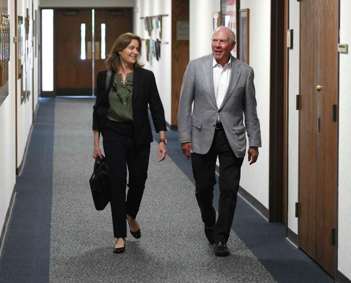 Democratic candidate for First Selectman Jill Oberlander and her running mate Sandy Litvack prepare to file their declaration papers at Town Hall in Greenwich, Conn. Thursday, May 30, 2019. Oberlander is currently the Chair of Greenwich’s Board of Estimate and Taxation while Litvack is currently the minority Selectman and former Vice Chairman of Walt Disney.