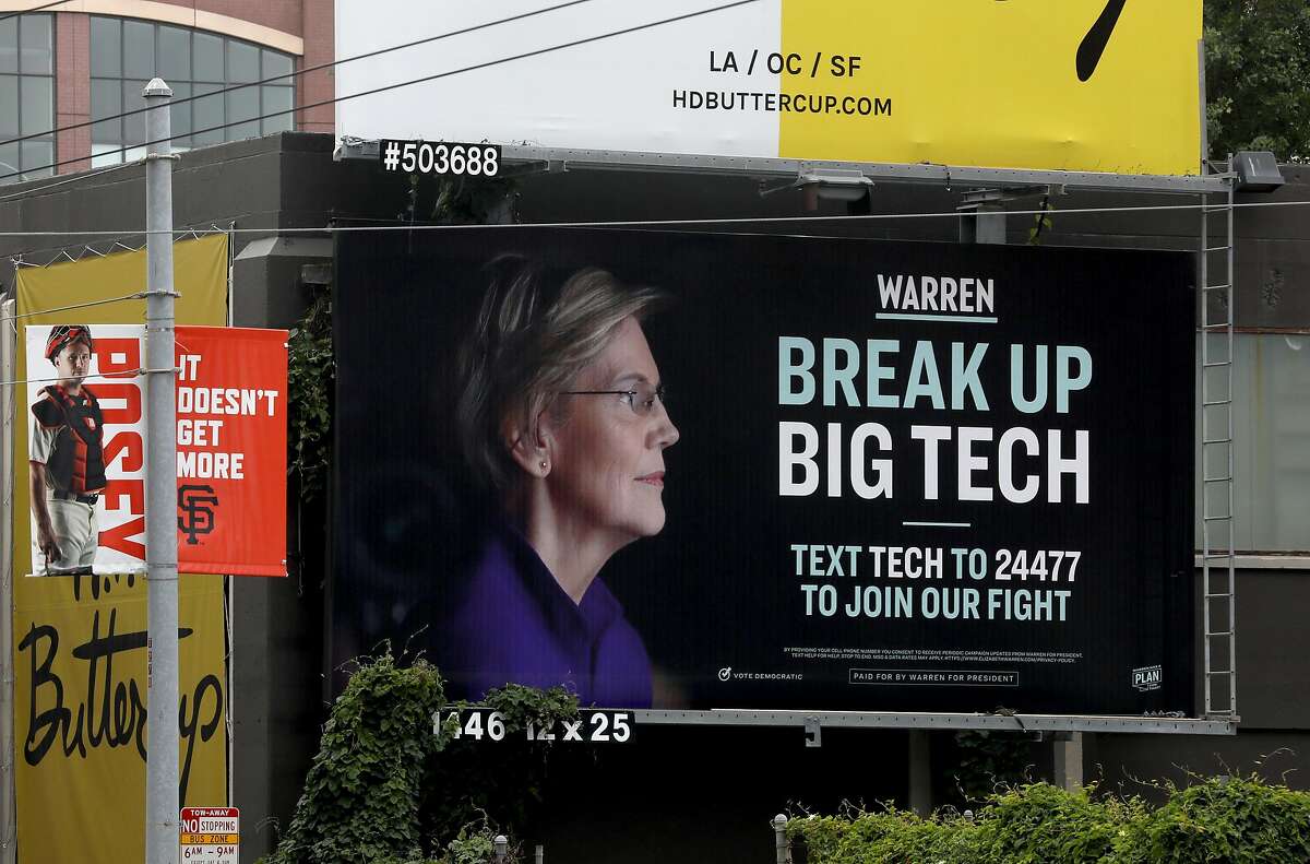 At Fourth on Townsend streets is a billboard showing Elizabeth Warren that says, "Warren. Break up big tech," seen on Thursday, May 30, 2019 in San Francisco, Calif.