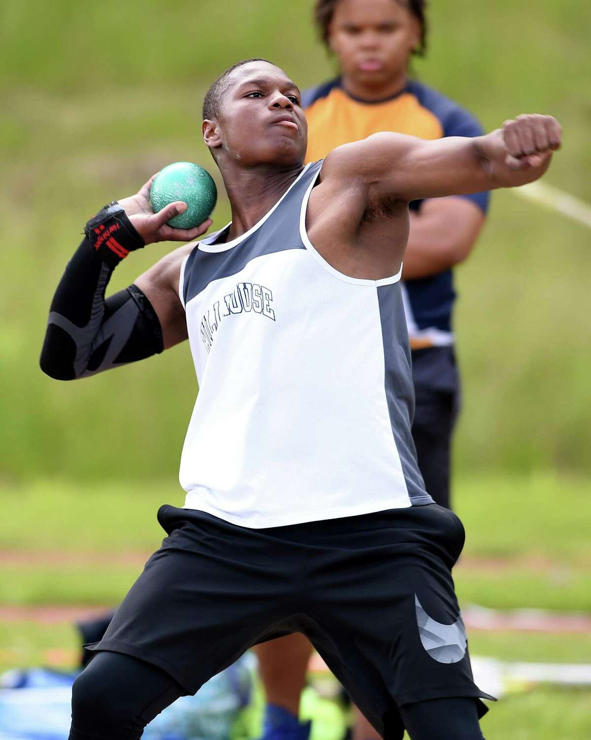 Gary Moore, Jr., of Hillhouse throws the shot put in the CIAC Class MM Outdoor Track & Field Championship at Middletown High School on May 29, 2019.