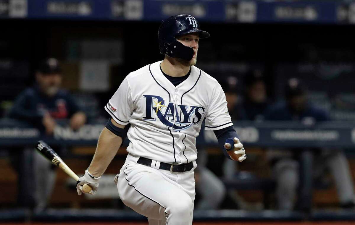 Tampa Bay Rays' Austin Meadows watches his three-run double off Minnesota Twins' Martin Perez during the third inning of a baseball game Thursday, May 30, 2019, in St. Petersburg, Fla. (AP Photo/Chris O'Meara)