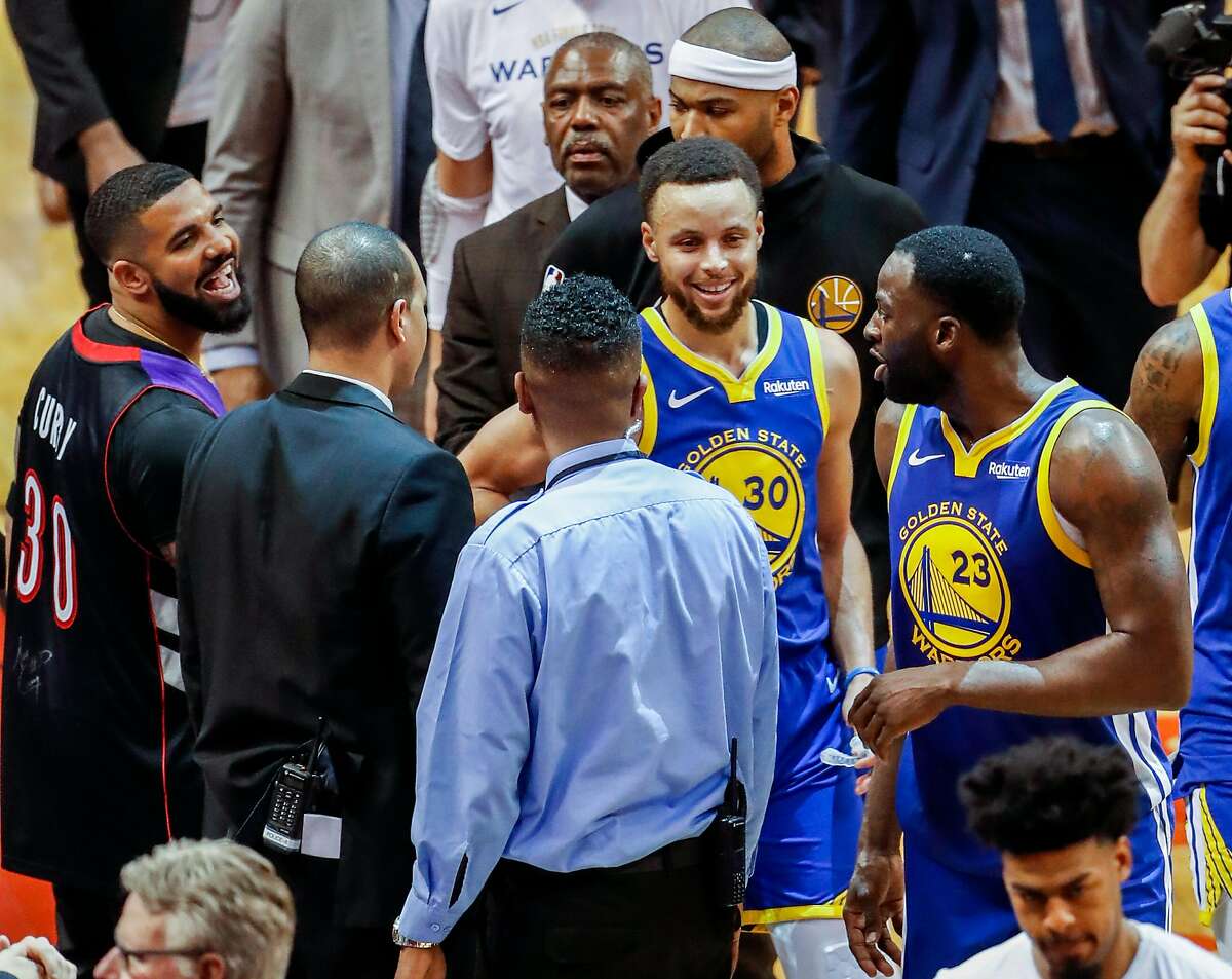 Drake and Golden State Warriors’ Draymond Green have words after the Warriors’ 118 to 109 loss in game 1 of the NBA Finals between the Golden State Warriors and the Toronto Raptors at Scotiabank Arena on Thursday, May 30, 2019 in Toronto, Ontario, Canada.
