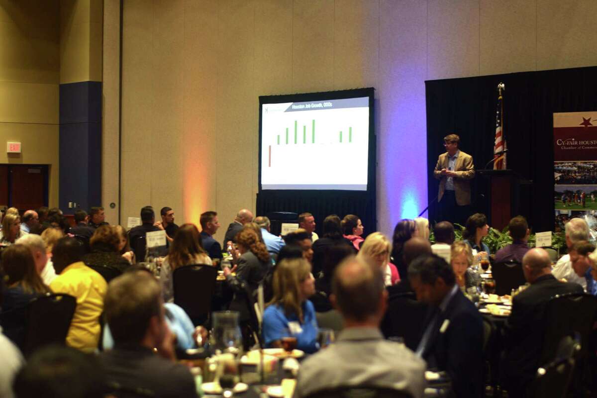 Patrick Jankowski with the Greater Houston Partnership presented an overlook of the Houston economy on May 21 during a Cy-Fair Houston Chamber of Commerce luncheon.