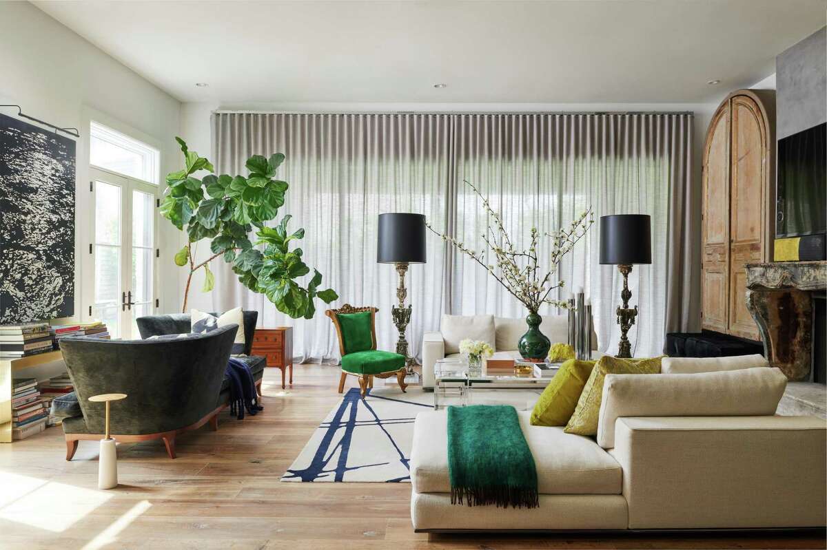 The living room in the near-Galleria home of interior designer Janet Gust and her husband, Rick Gregory.