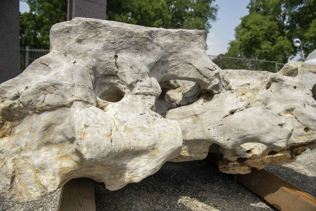 A six-and-a-half-ton limestone Scholar’s Rock is delivered to the San Antonio Museum of Art on Friday. It took a crew of seven to remove it from a container.