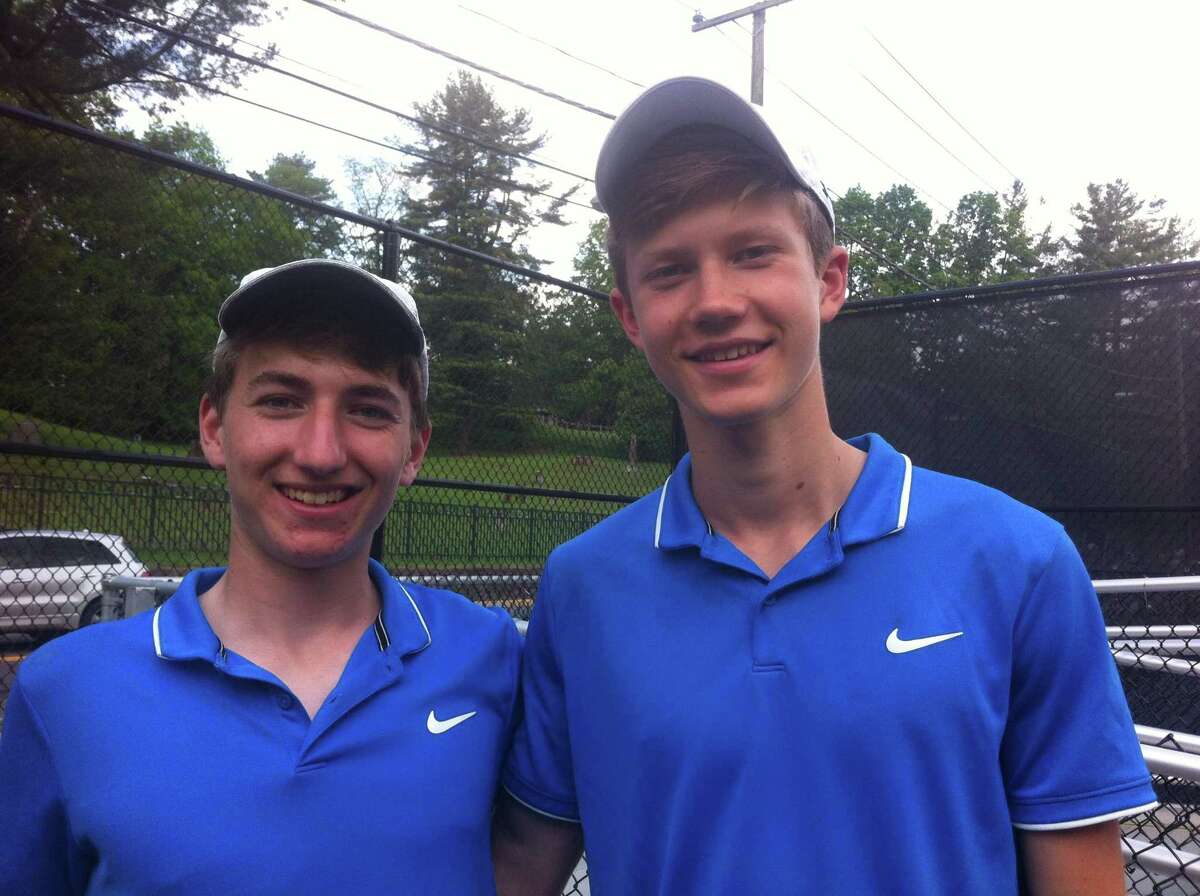 Romano DeCaprio, left, and Chris Calderwood of Darien won the Class LL doubles championship on Friday, May 31, 2019, at Wesleyan University in Middletown.