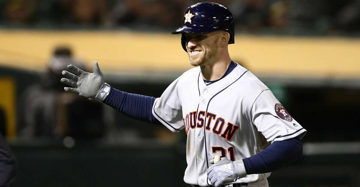 OAKLAND, CALIFORNIA - MAY 31: Derek Fisher #21 of the Houston Astros smiles after he hit a home run in the eighth inning against the Oakland Athletics at Oakland-Alameda County Coliseum on May 31, 2019 in Oakland, California. (Photo by Ezra Shaw/Getty Images)