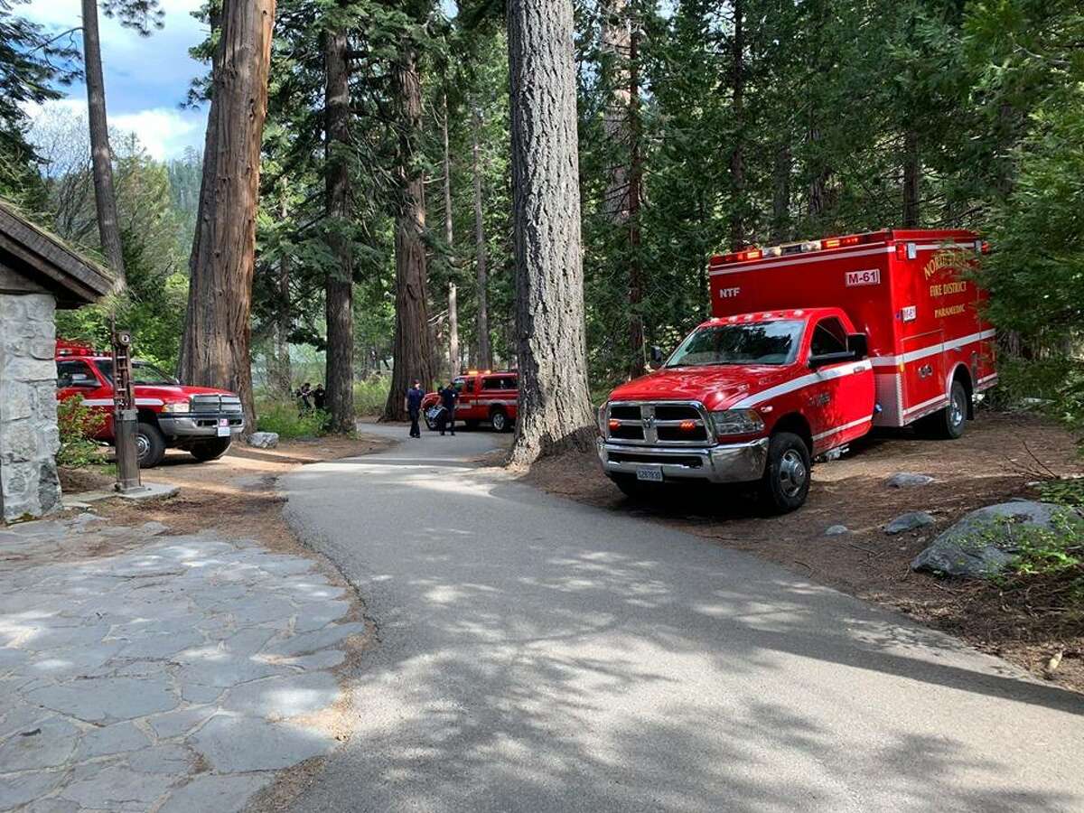 North Tahoe fire personnel vehicles are shown respond to the fatal plunge.