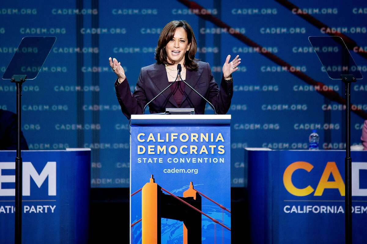 Kamala Harris addresses the California Democratic Party Convention at Moscone Convention Center in June 2019.