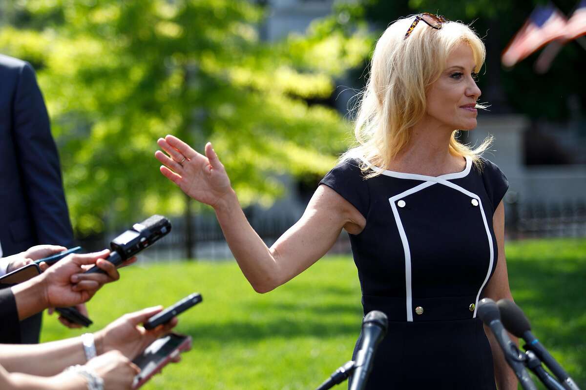 Kellyanne Conway, counselor to President Donald Trump, speaks to reporters outside the West Wing of the White House in Washington, on Friday, May 31, 2019. Trump on Thursday threatened to hit Mexico with new tariffs, escalating his immigration fight with America’s largest trading partner. And with that, he showed, once again, that he’s ready to employ trade as an all-purpose tool for his policy goals. (Tom Brenner/The New York Times)