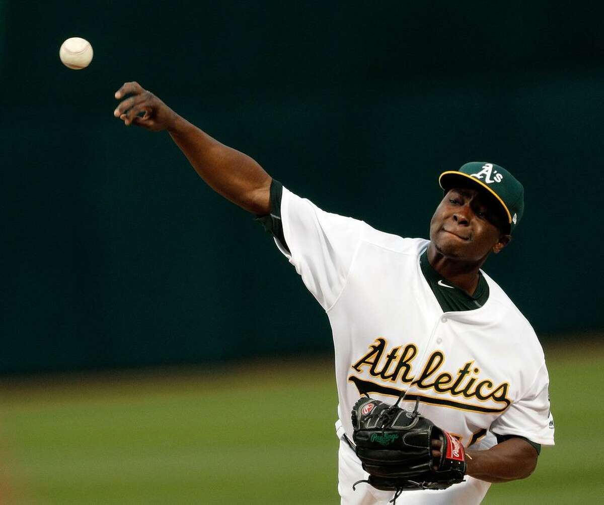 Jharel Cotton (45) started for the A's as the Oakland Athletics played the Anaheim Angels in Oakland, Calif., on Wednesday, April 5, 2017.