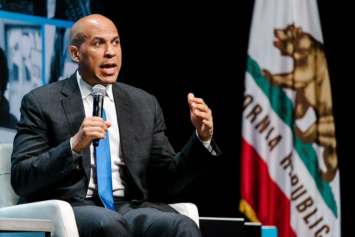Senator Cory Booker (D-NJ) speaks during the MoveOn Big Ideas Forum conference held at the Warfield Theater in San Francisco, Calif., on Saturday, June 1, 2019.