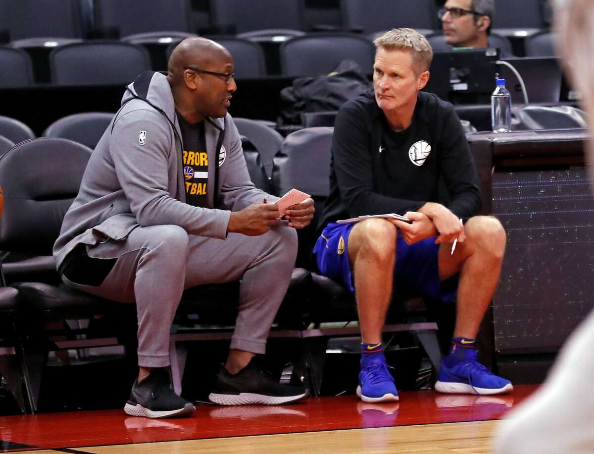 Golden State Warriors' head coach Steve Kerr and assistant coach Mike Brown during NBA Finals' practice at ScotiaBank Arena in Toronto, Ontario, Canada, on Saturday, June 1, 2019.
