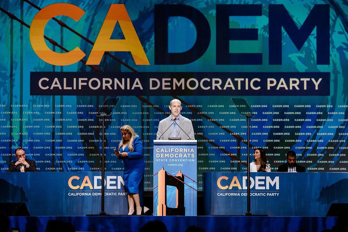Newly elected California Democratic Party Chair Rusty Hicks speaks during the California Democratic Party convention at Moscone Center in June 2019.