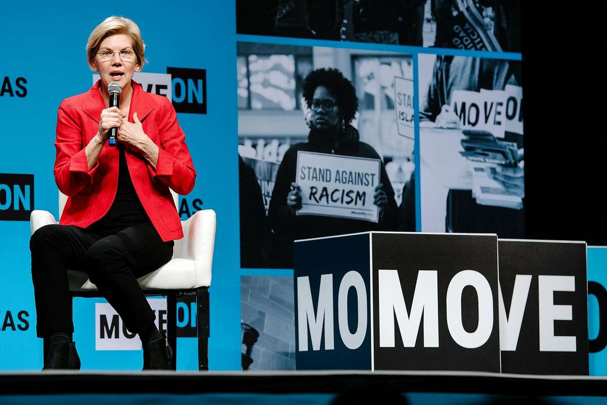 Senator Elizabeth Warren (D-MA) speaks during the MoveOn Big Ideas Forum conference held at the Warfield Theater in San Francisco, Calif., on Saturday, June 1, 2019.