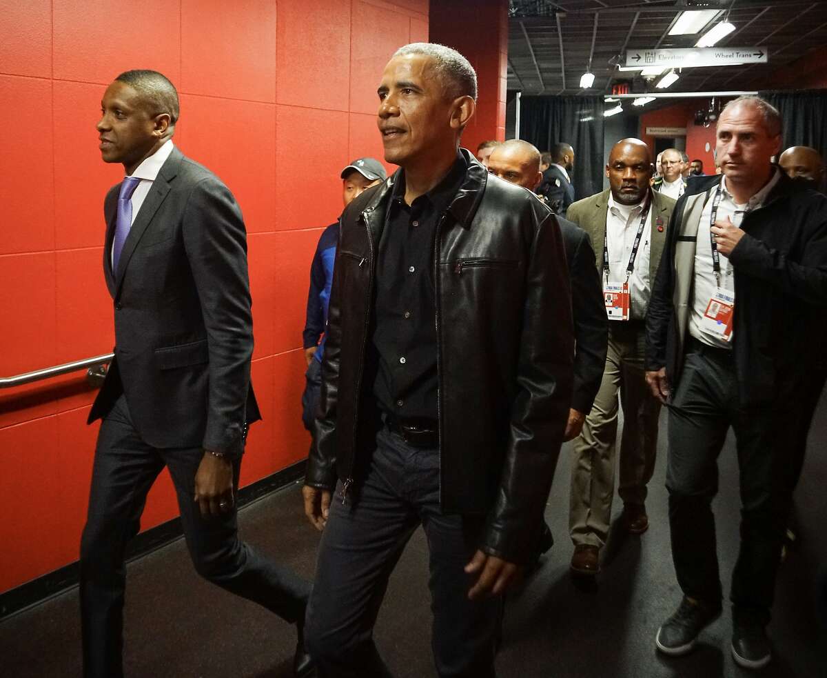 President Barack Obama arrives for game 2 of the NBA Finals between the Golden State Warriors and the Toronto Raptors on Sunday, June 2, 2019 at Scotiabank Arena in Toronto, Ontario, Canada.