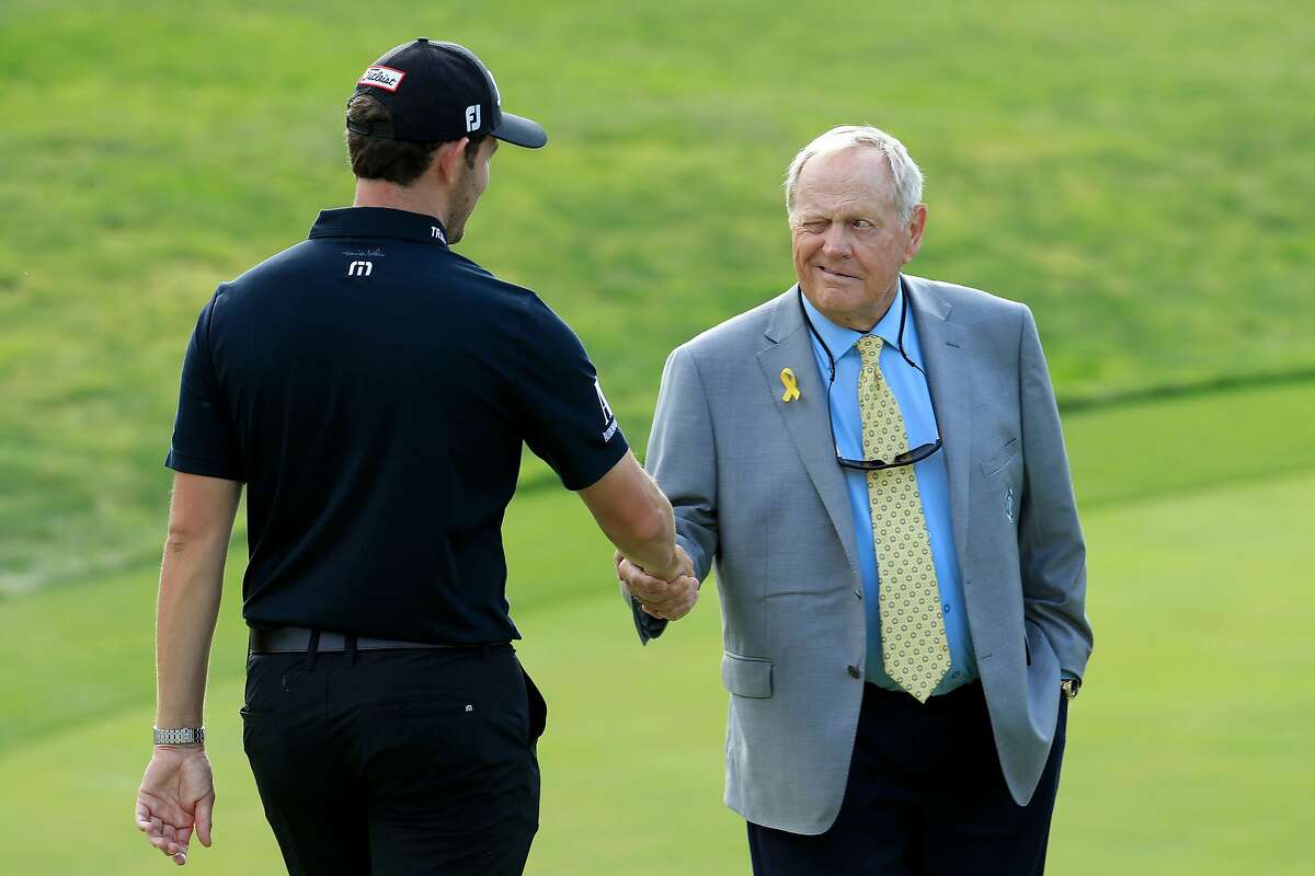 DUBLIN, OHIO - JUNE 02: Patrick Cantlay shakes hands with Jack Nicklaus after winning The Memorial Tournament Presented by Nationwide at Muirfield Village Golf Club on June 02, 2019 in Dublin, Ohio. (Photo by Andy Lyons/Getty Images)