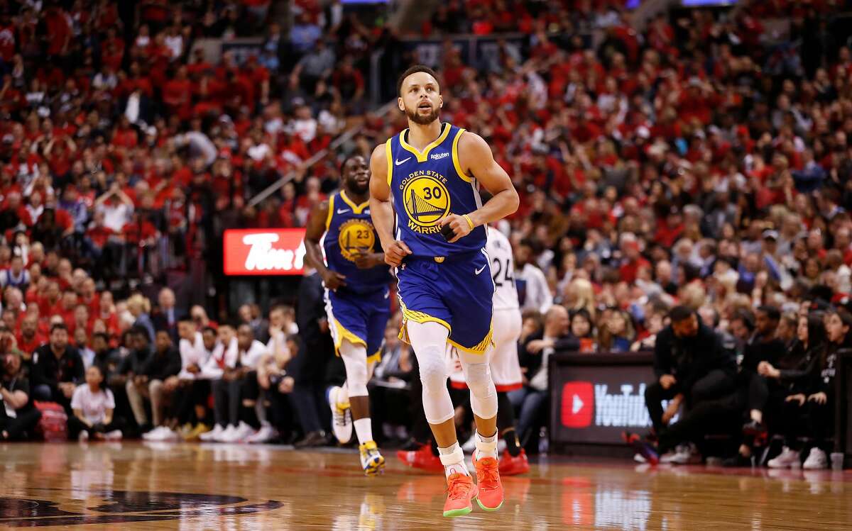 Golden State Warriors’ Stephen Curry runs back in transition in the third quarter during game 2 of the NBA Finals between the Golden State Warriors and the Toronto Raptors at Scotiabank Arena on Sunday, June 2, 2019 in Toronto, Ontario, Canada.