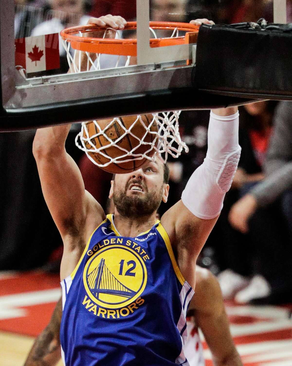 Golden State Warriors’ Andrew Bogut dunks in the third quarter during game 2 of the NBA Finals between the Golden State Warriors and the Toronto Raptors at Scotiabank Arena on Sunday, June 2, 2019 in Toronto, Ontario, Canada.