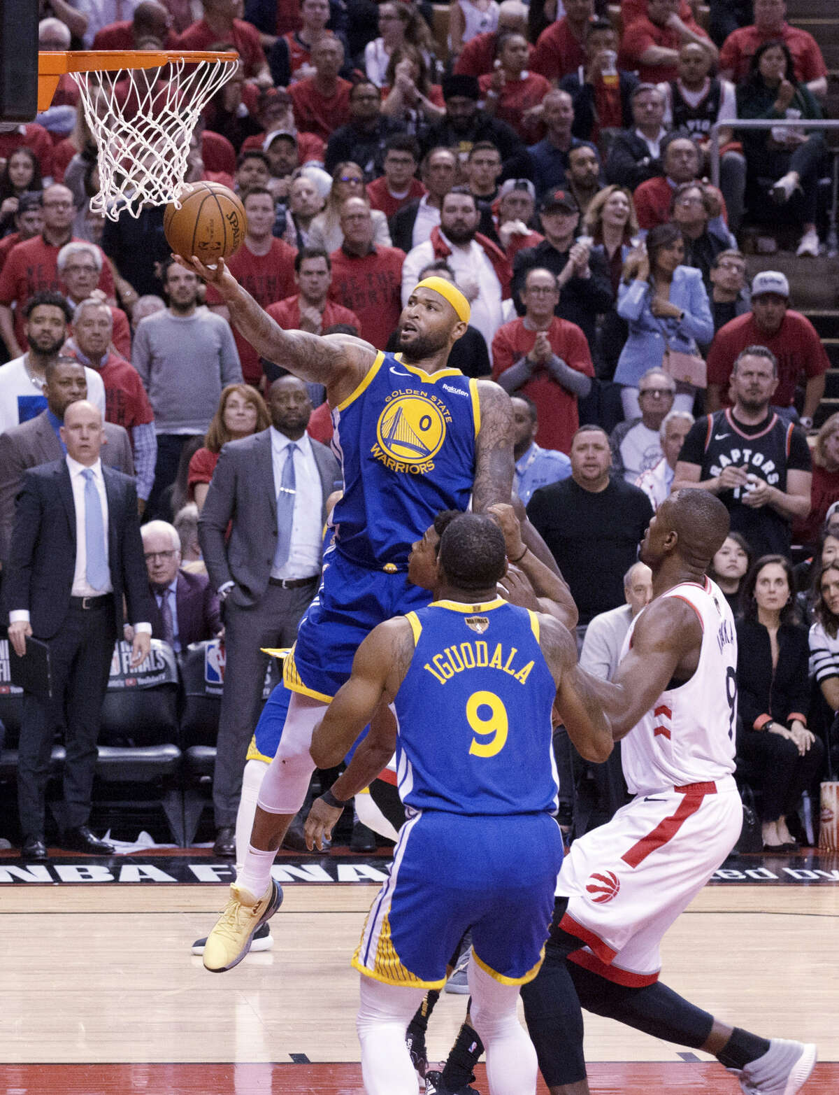 DeMarcus Cousins (0) shoots in the second half as the Golden State Warriors played Toronto Raptors in Game 2 of the 2019 NBA Finals at Scotiabank Arena in Toronto, Ontario, Canada, on Sunday, June 2, 2019. The Raptors lead the series 1-0.
