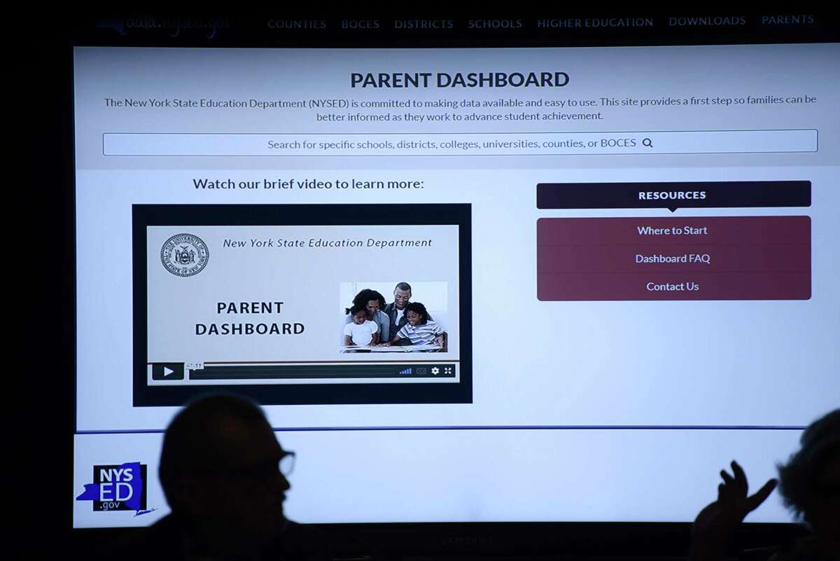 An example of what a website might look like is shown on the screen during a New York State Regents board meeting on Monday, June 3, 2019, in Albany, N.Y. The website example was part of a discussion on the creation of a parent dashboard so parents could find out information about the school their child attends. (Paul Buckowski/Times Union)