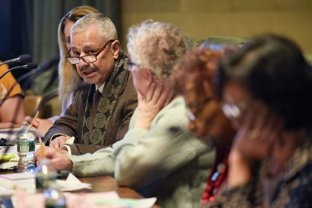 Regent Luis Reyes addresses those gathered for a New York State Regents board meeting on Monday, June 3, 2019, in Albany, N.Y. (Paul Buckowski/Times Union)