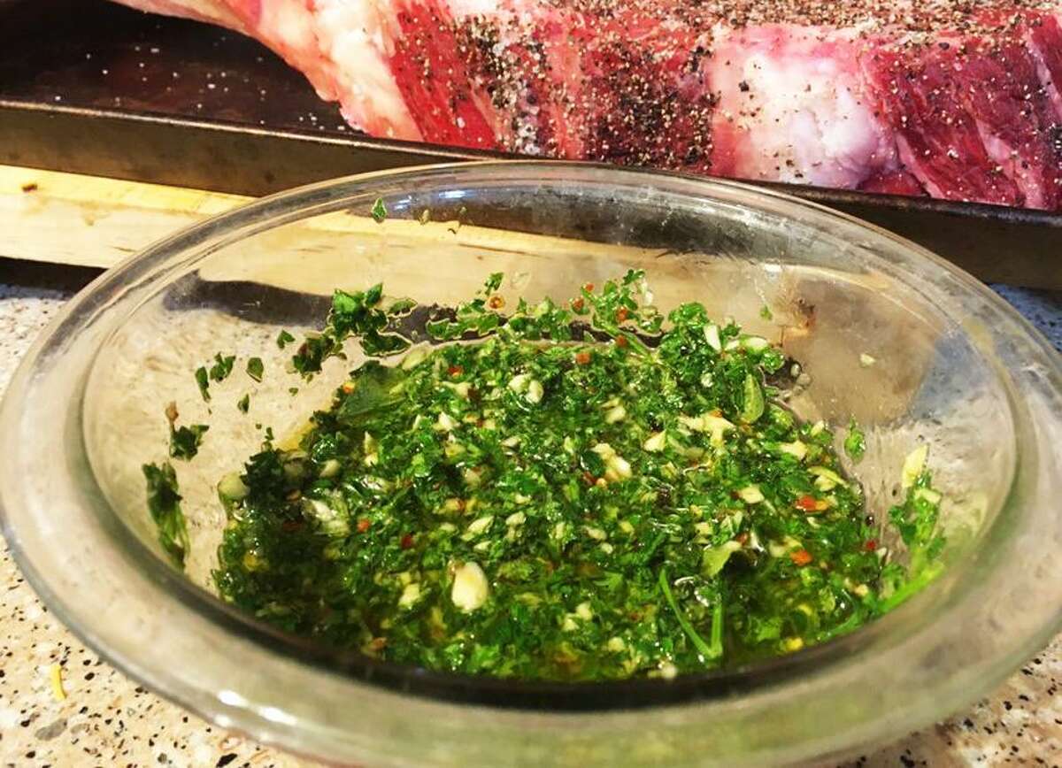 Finished chimichurri ready to be topped on a grilled steak.