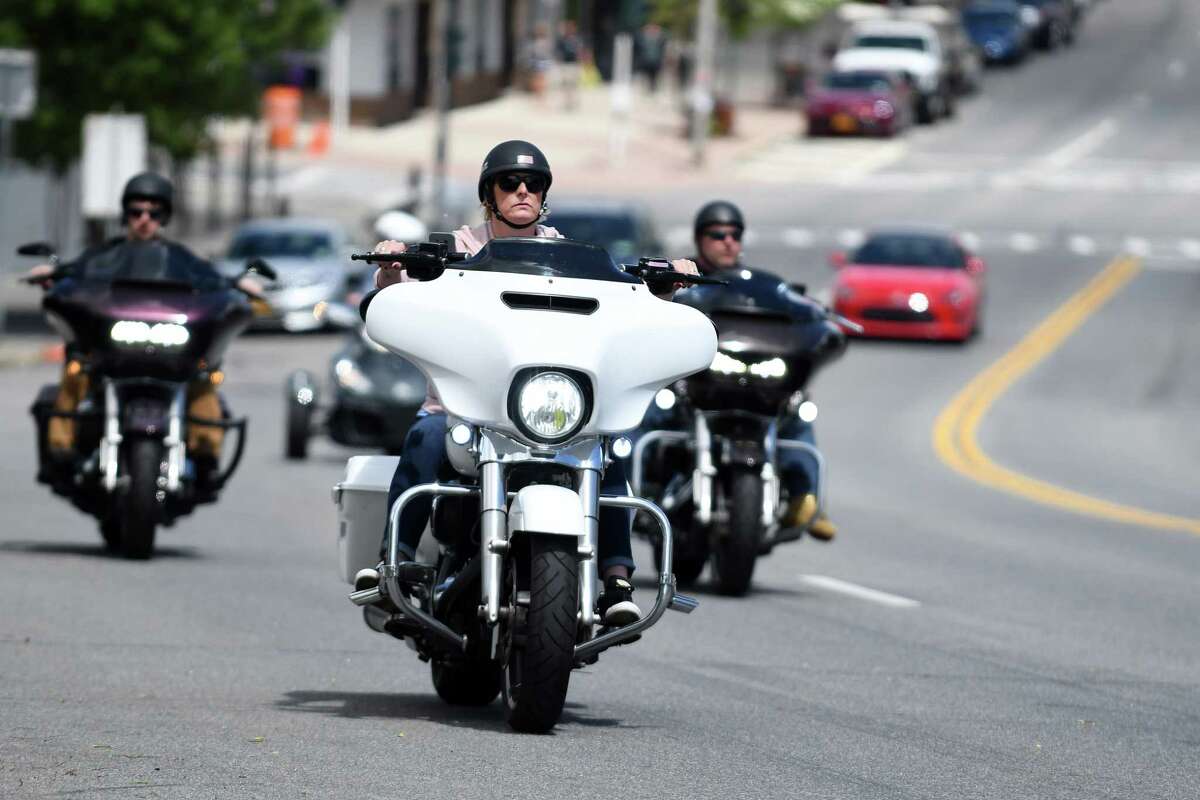 Bikers drive down Route 9N in Lake George Village for the start of Americade, the annual motorcycle rally that draws thousands of riders to the village surrounding Adirondack Mountains, on Monday, June 3, 2019, in Lake George, N.Y. The coronavirus forced cancellation of last year's event and this year's has been postponed to September. (Catherine Rafferty/Times Union)