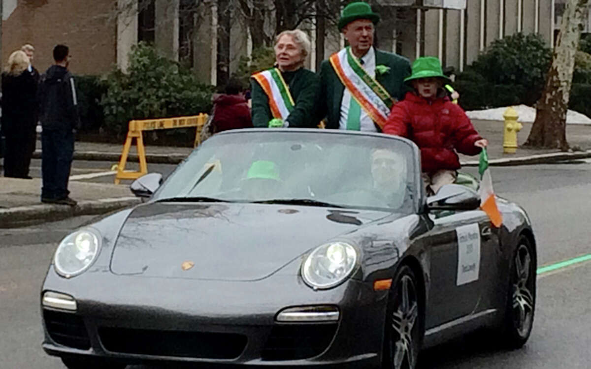 Trumbull resident Ted Lovely rides in Tuesday's Greater Bridgeport St. Patrick's Day Parade. Lovely served as parade grand marshal. — Roy Fuchs photo