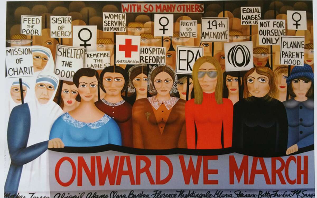 "Onward We March," an acrylic painting on 48" x 96" canvas by Robin Morris was hanging at the Trumbull Library until the first selectman had it taken down.