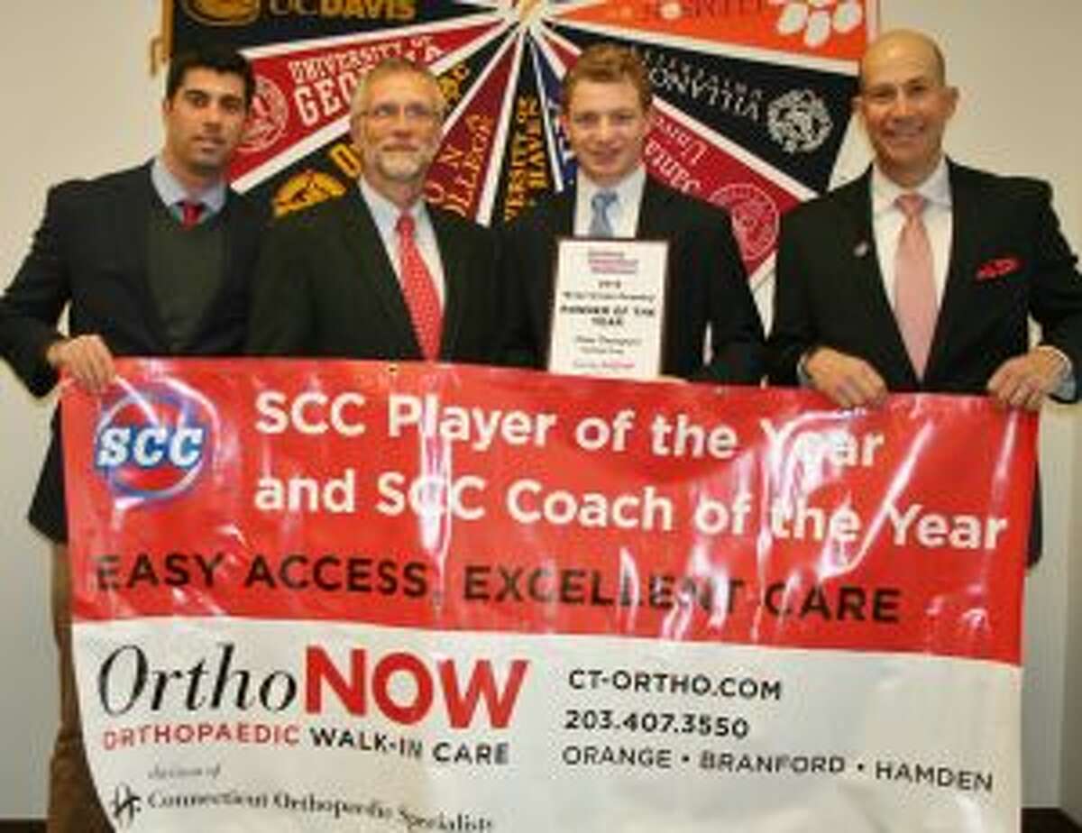 Drew Thompson is pictured with Fairfield Prep Athletic Director Tom Curran, cross country Coach Bob Ford Jr. and SCC Commissioner Al Carbone.