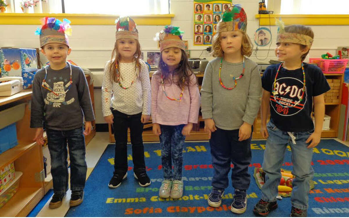 B'nai Torah Nursery School students dressed as Native Americans and Pilgrims to act out the story of the first Thanksgiving.