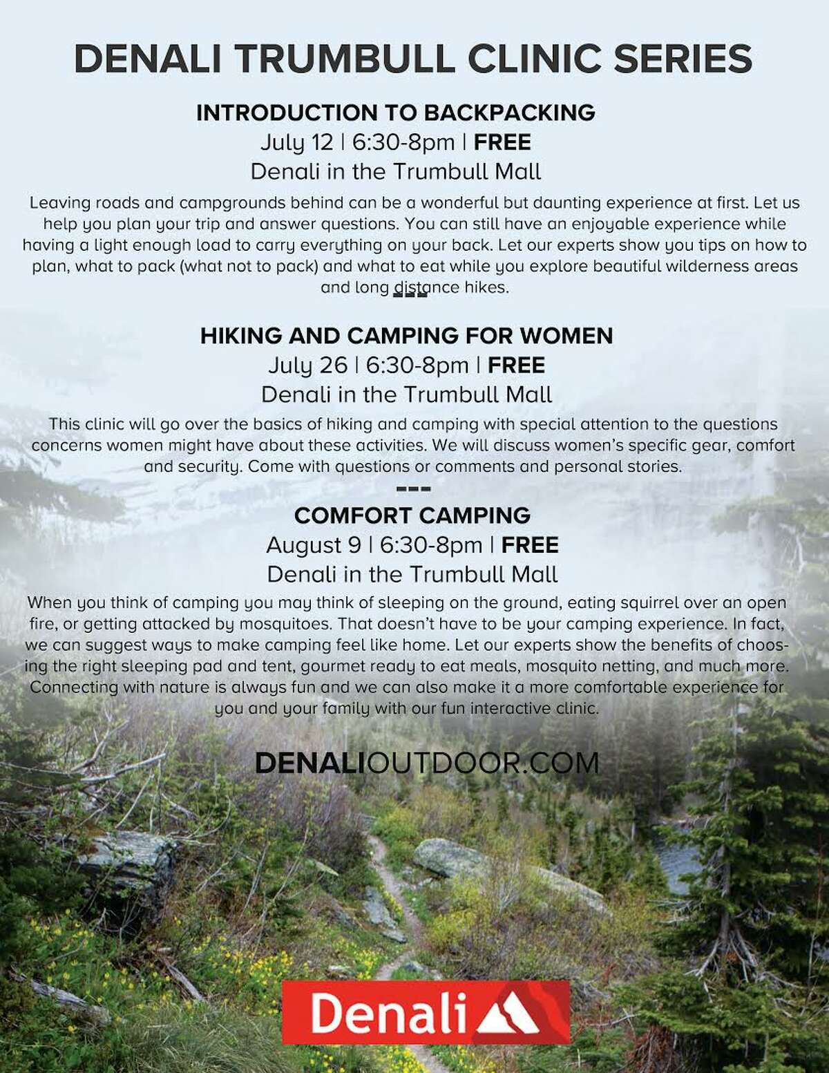 Denali Trumbull has announced a three-part clinic that will inspire shoppers to get into nature this summer.