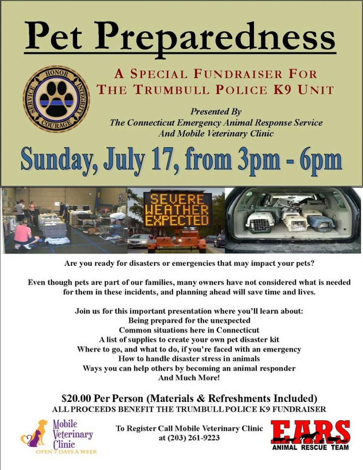 The flier for the EARS pet preparedness program next month.