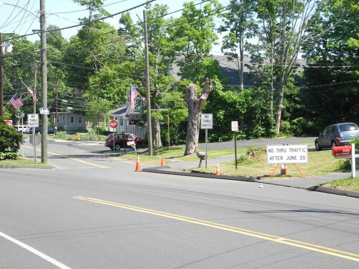 Trumbull drivers looking to turn off Main Street onto Broadway Road will be denied by a “No Thru Traffic After June 20” sign. — Steve Coulter photo