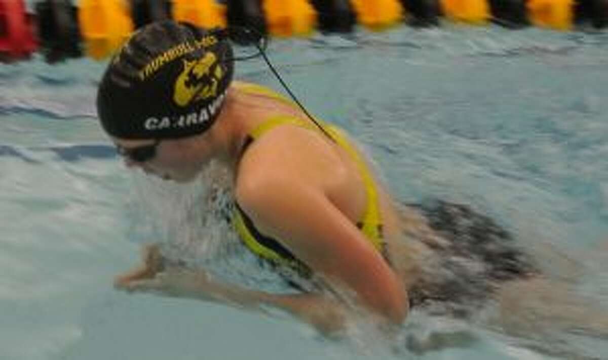 Trumbull Pisces' Grace Carravone swims the breaststroke at the 2016 Nutmeg Pentathlon.