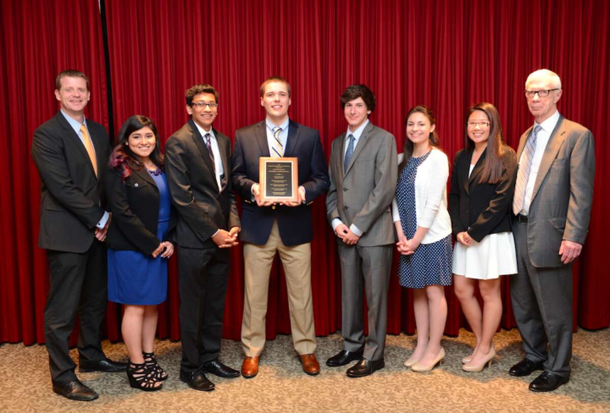 From left to right: Todd Manuel, C-House Principal of Trumbull High School; Jasmin Bautista, Voccia recipient; Anuj Sisodiya, BLW Finalist; Robert Schlatter, Paul W. Broggi Communications Award recipient; Connor Gillis, Senior Science Award Recipient; Lindsey McMorris, Education Scholarship Recipient; Stephanie Chow, Eleanor F. Moore Business Award Recipient; and Brian Skinner, vice chairman and treasurer of The Weller Foundation.