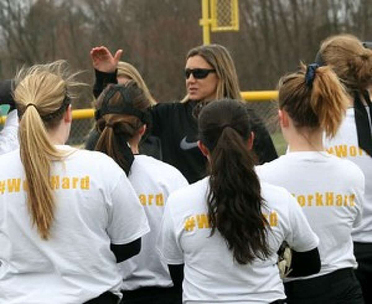 Jacqui Sheftz talks to her Trumbull Eagles prior to a scrimmage. —Bill Bloxsom photo