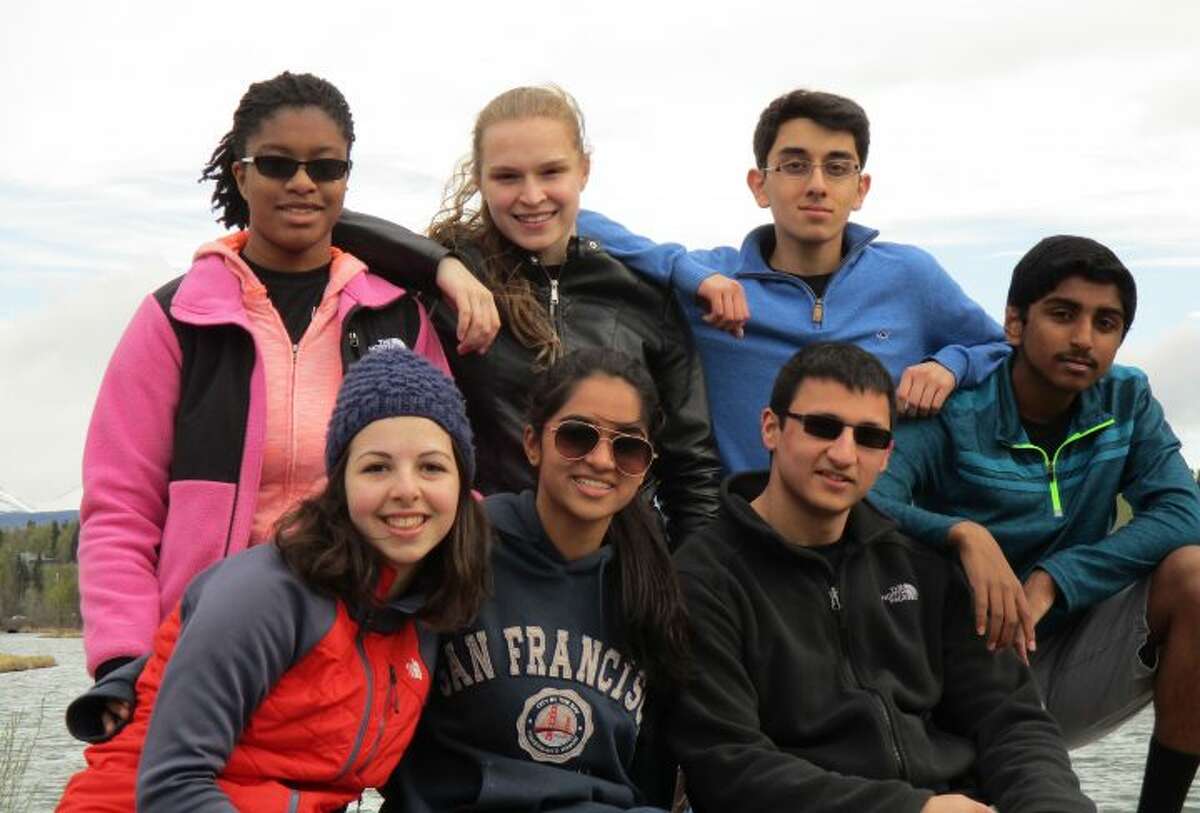 From to left to right: members of the Trumbull High School Academic Decathlon team Daejah Woolery, Alexandra Dima, Elisabeth Stankevitz, Saloni Shah, Ishan Negi, Viraj Dongaonkar, and Lalith Gannavaram.