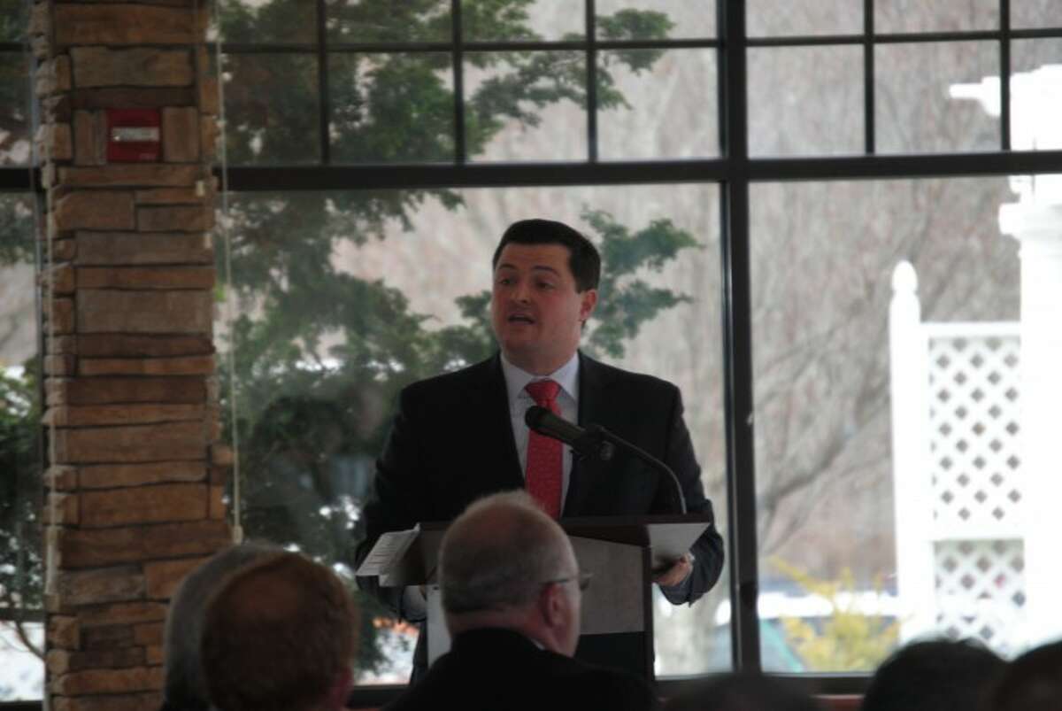 First Selectman Tim Herbst gives the State of the Town Address on March 31. In a letter to The Times this week, Herbst said that neighboring comunities in Newtown, Shelton, Stratford and Fairfield have all recognized a need to invest in community centers and senior centers.