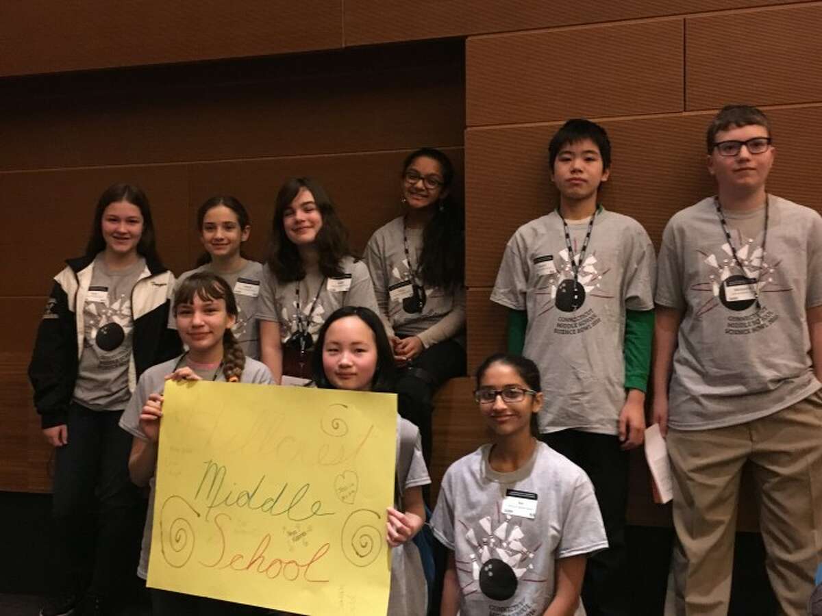 Hillcrest Middle School students Michael Rolleri, Daniel Cao, Erin Forger, Sarah Gold, Jessica Nyitrai, Sadie Walker, Grace Xiong, Sia Kulkarni, and Neya Kidambi participate in the school’s first academic Science Bowl at the University of Connecticut.